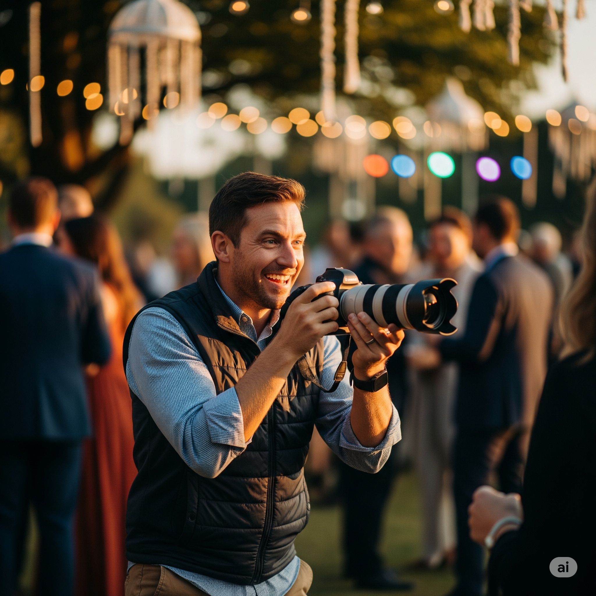 Fotógrafo sonriendo mientras captura un momento feliz en un evento, simbolizando la facilidad y el enfoque en su trabajo.