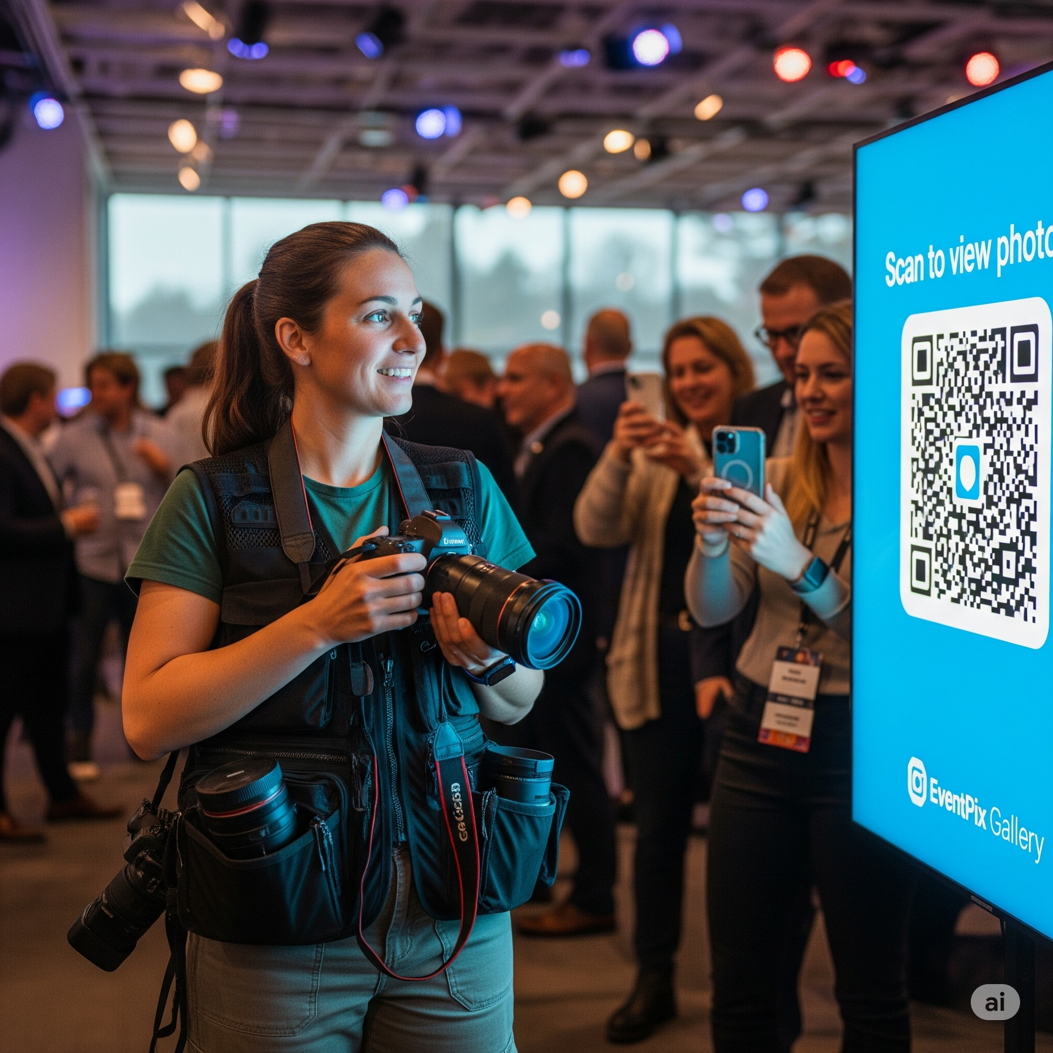 Fotógrafo sonriendo mientras captura un momento feliz en un evento, simbolizando la facilidad y el enfoque en su trabajo.